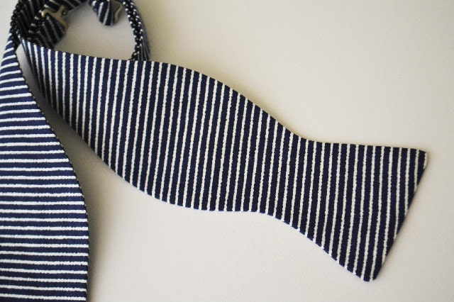 Freestyle Bowtie- Navy Blue and White Stripe