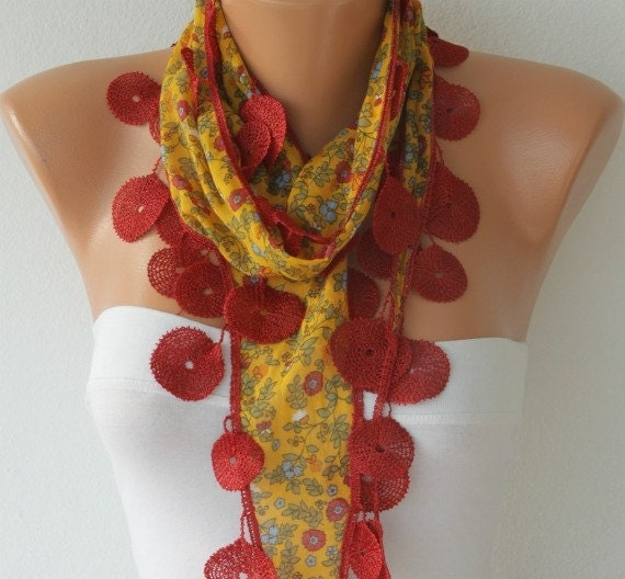 Mustard Scarf  - Cotton  Scarf -  Cowl Scarf with Red Lace Edge   - fatwoman