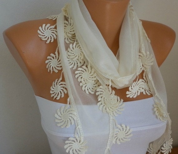 Creamy White Scarf - Cotton Scarf - Cowl with Lace Edge - fatwoman - Bridesmaids Gifts