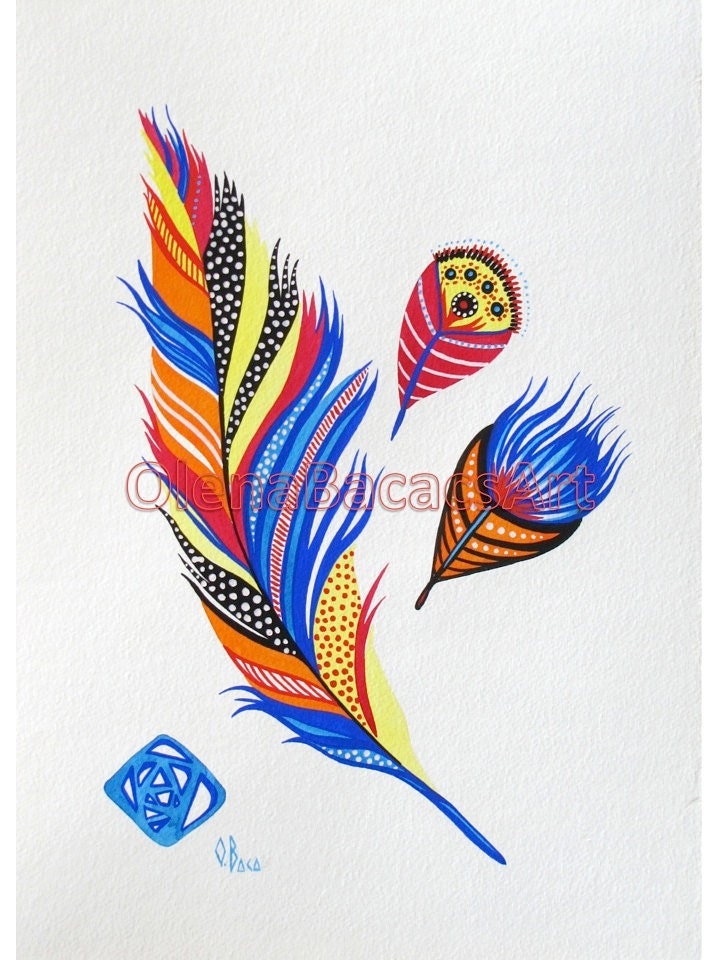 Feather ORIGINAL Painting Watercolor Gouache Illustration Orange Blue Yellow Mixed Media Nursery room SALE