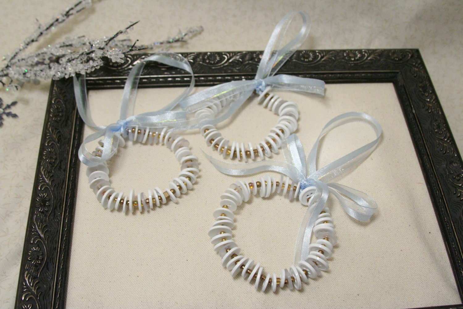 Winter Decorations - made with white buttons and gold beads - Set of 3