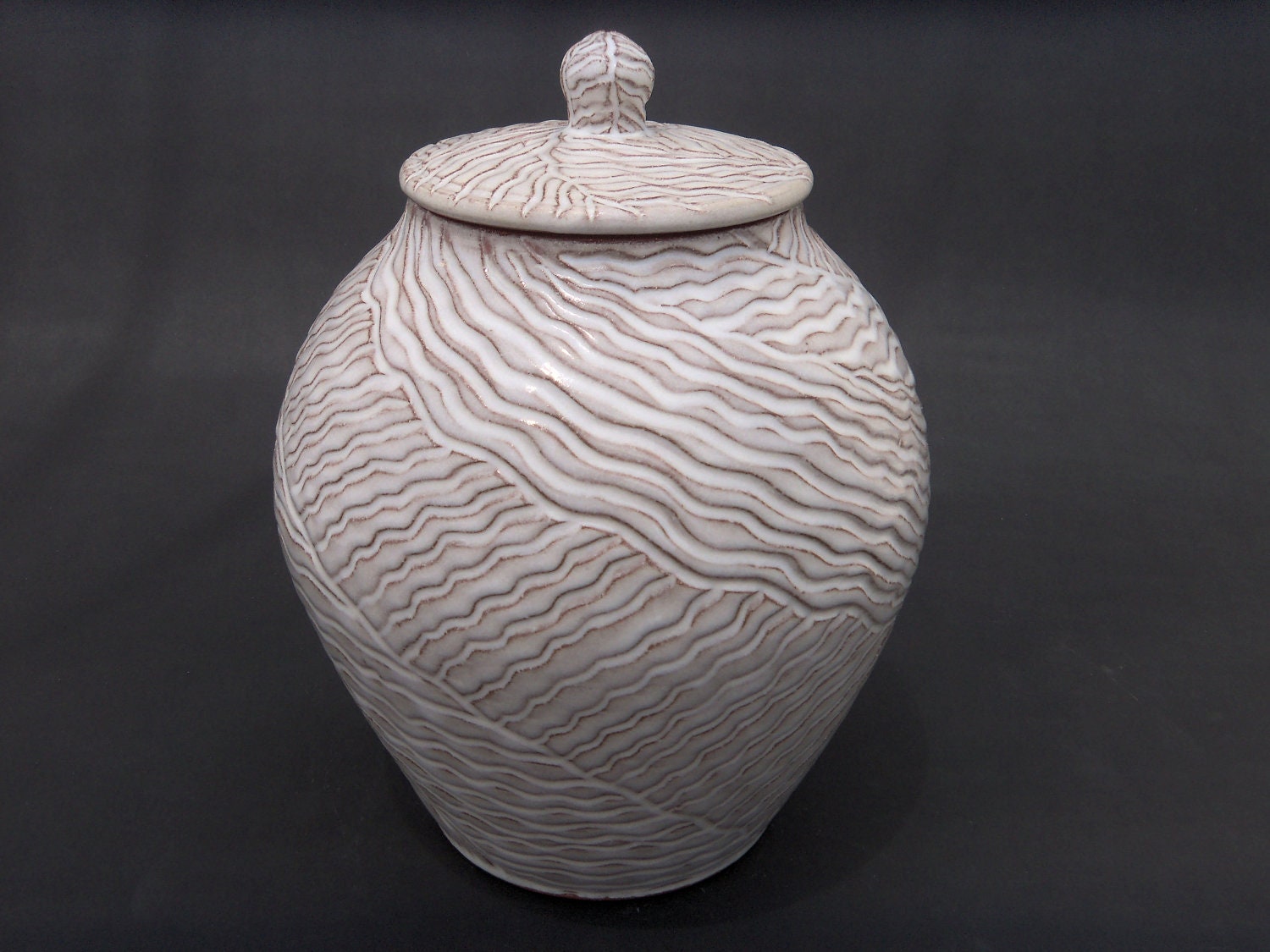 Lidded White Ceramic Jar - Hand Carved Terracotta