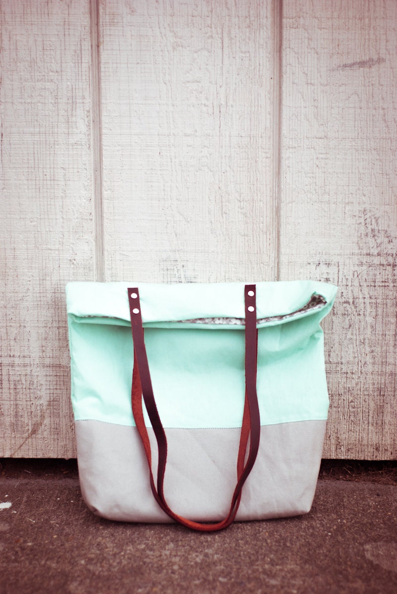Mint green colorblocked with gray bottom leather handles tote bag