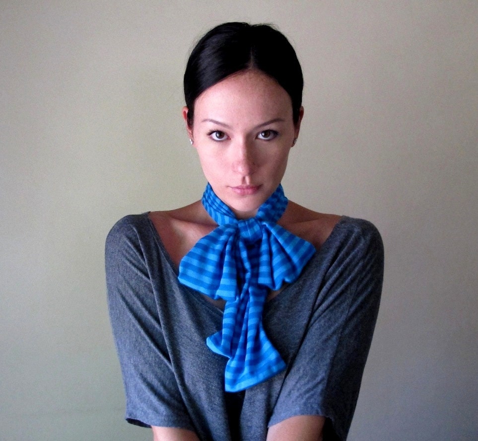 Blue Striped Head Scarf - All In One Headband, Turban, Hair Wrap - Womens Bow Tie, Neck Bow - Ascot - Skinny Scarf - EcoShag