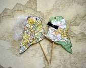 Ready to Ship Wedding cake topper, map love birds, eco-friendly, recycled