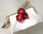 Pleated Pale Ivory Clutch Purse with Red Flower Adornments