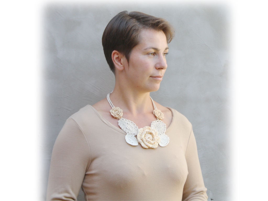 Statement necklace under 50 Bib necklace Boho chic jewelry Pale yellow beige ivory Wedding Crochet freeform Flower Floral Sale
