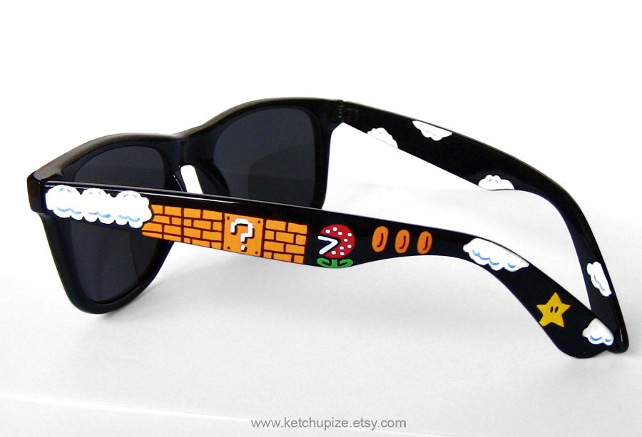 Sunglasses - Custom Wayfarer style sunglasses Super Mario unique hand painted - Piranha Plant - Question block - 1UP Mushroom
