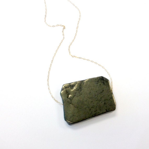 Pyrite Necklace Yellow Gold Jewelry Natural Gemstone Jewellery Chunky Chain Pendant Fashion Unique Mixed Metal Slice