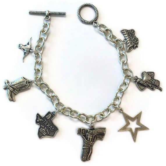Western Bracelet Silver Jewelry Charm Jewellery Unique Everyday Texas Gun Star Boots Saddle Longhorn Chain B-291