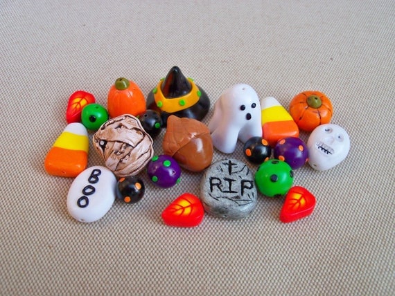 Halloween Charms and Beads, handmade polymer clay, set of 21