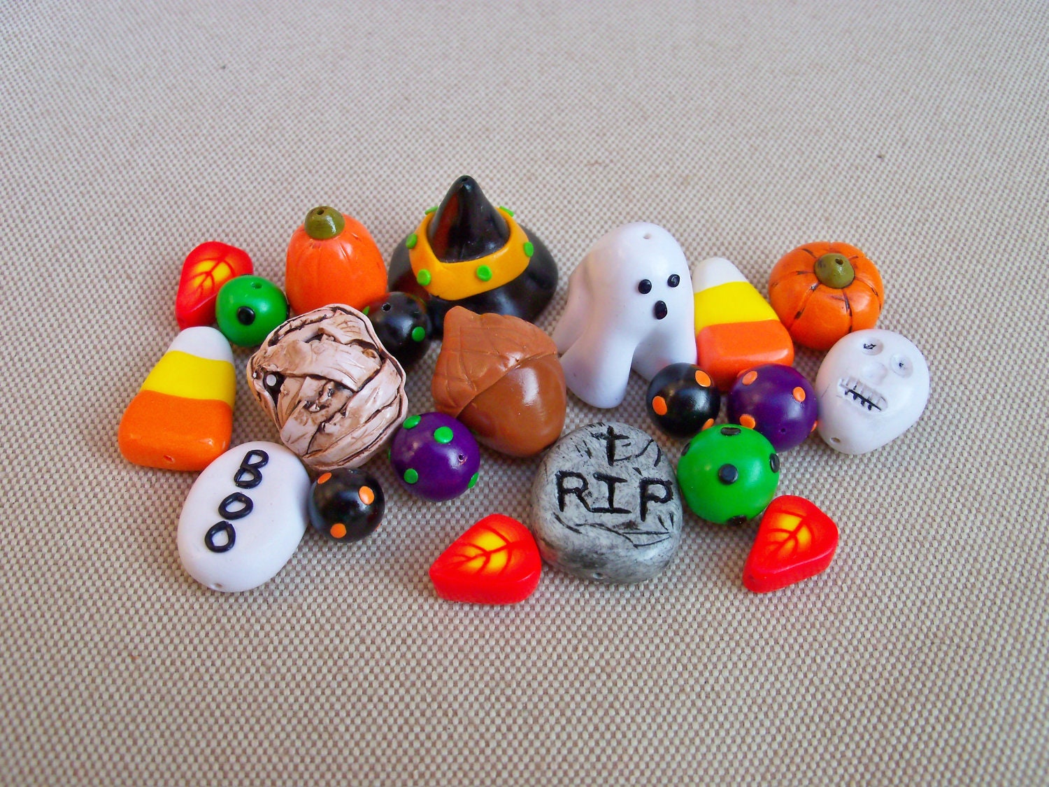 Halloween Charms and Beads, handmade polymer clay, set of 21