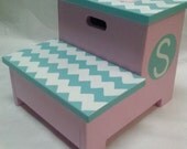 Children's Storage Step Stool (chevron with initial polka dot)
