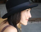 Mens Custom Hat, Classic Black Derby in Wool with Vintage Trim -- Made to Order