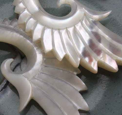 BRAVE Wing Earrings - Natural Mother of Pearl - Hand Carved Organic Fake Gauges
