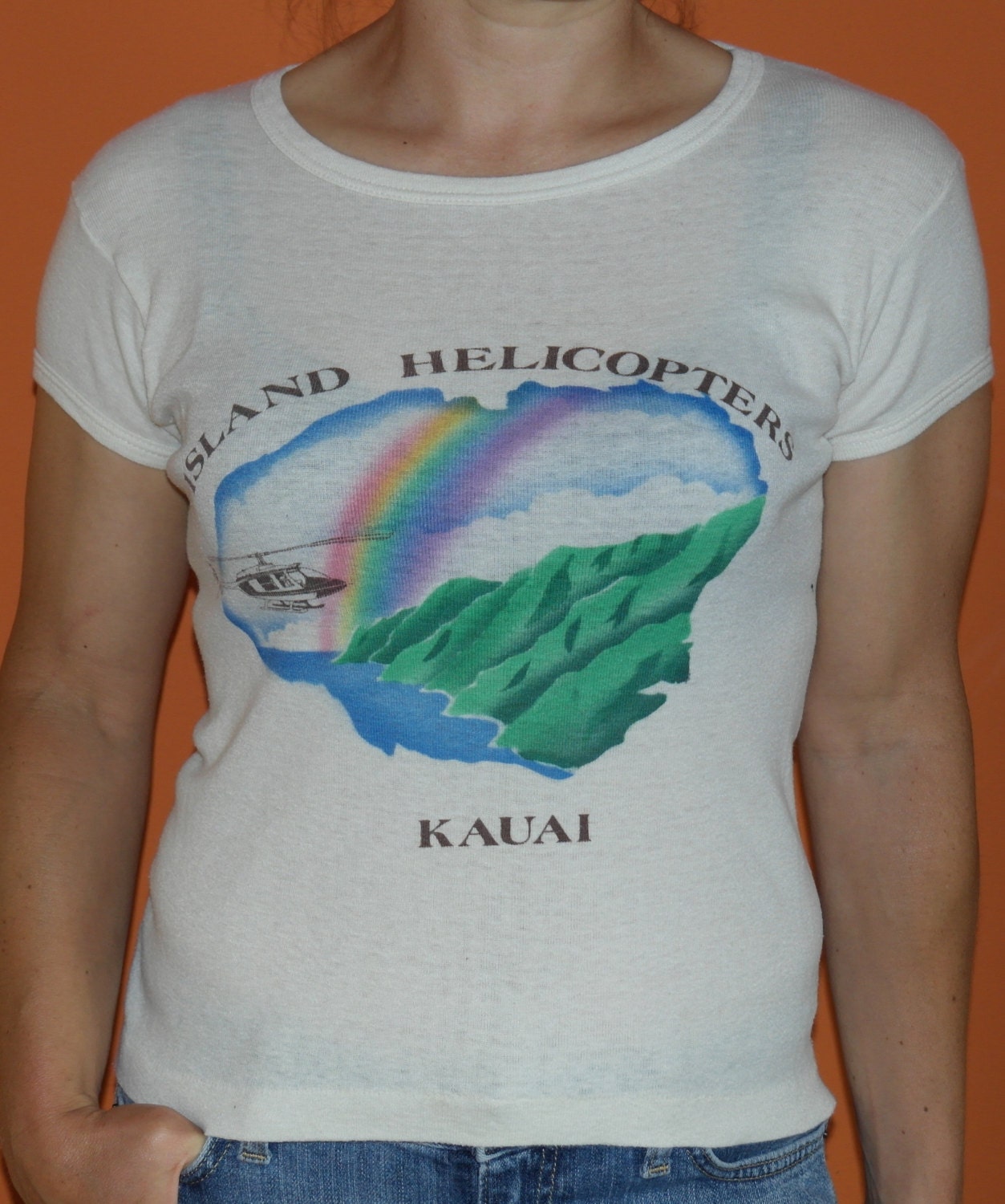 Vintage 1970s Island Helicopters Kauai Hawaii Soft T-Shirt Tee Shirt 70s Rainbow Ocean