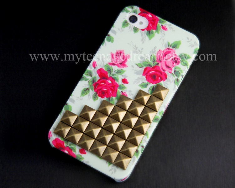 Iphone 4 Case, Studded iPhone 4s Case, Antique Bronze stud Iphone case Flower Rose white IPHONE 4 Case