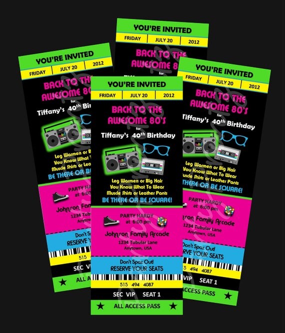 Printable - 80's Party - Ticket Invitations Custom Personalized Il_570xn