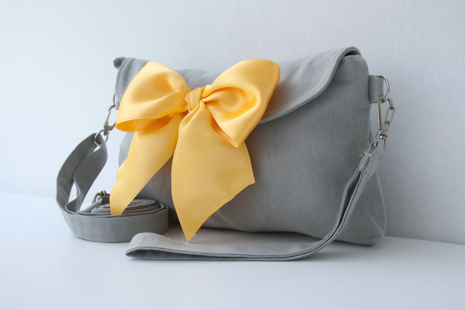 Gray Small Messenger and Wristlet Clutch With Yellow Satin Ribbon bow Zipper Closure