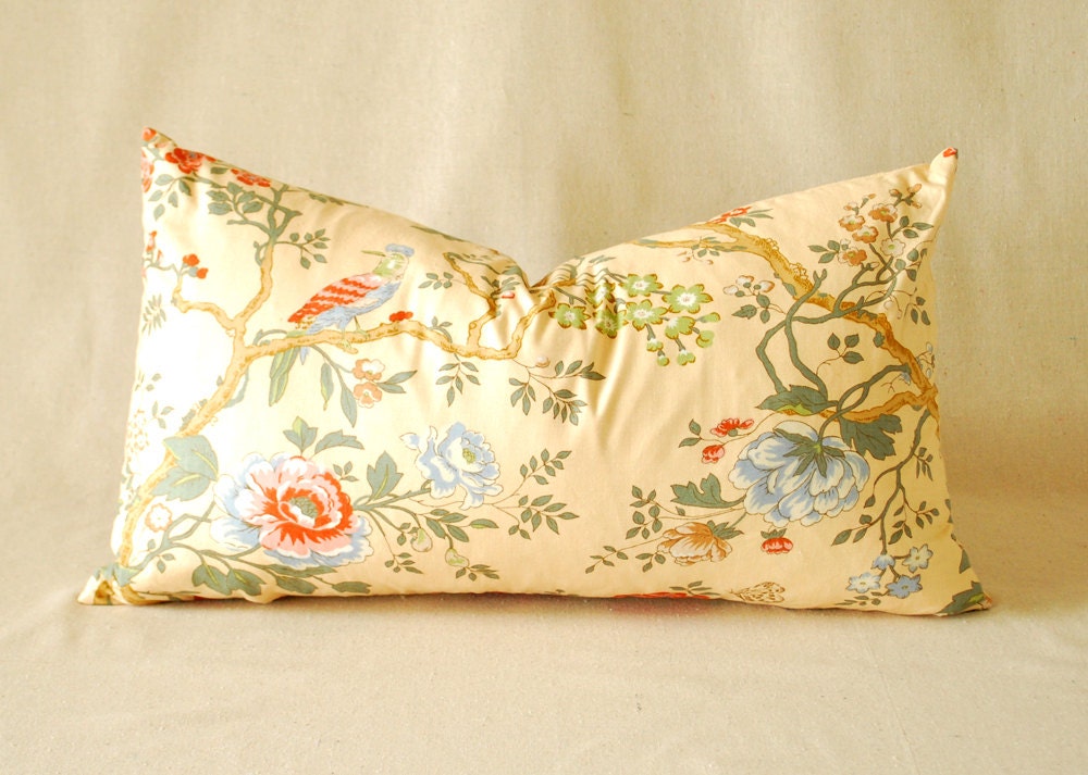 Pillow Cover Floral with Birds Vintage 14"x24"