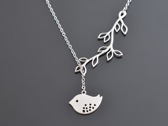 Multi leaf branch and sparrow pendant lariat necklace.