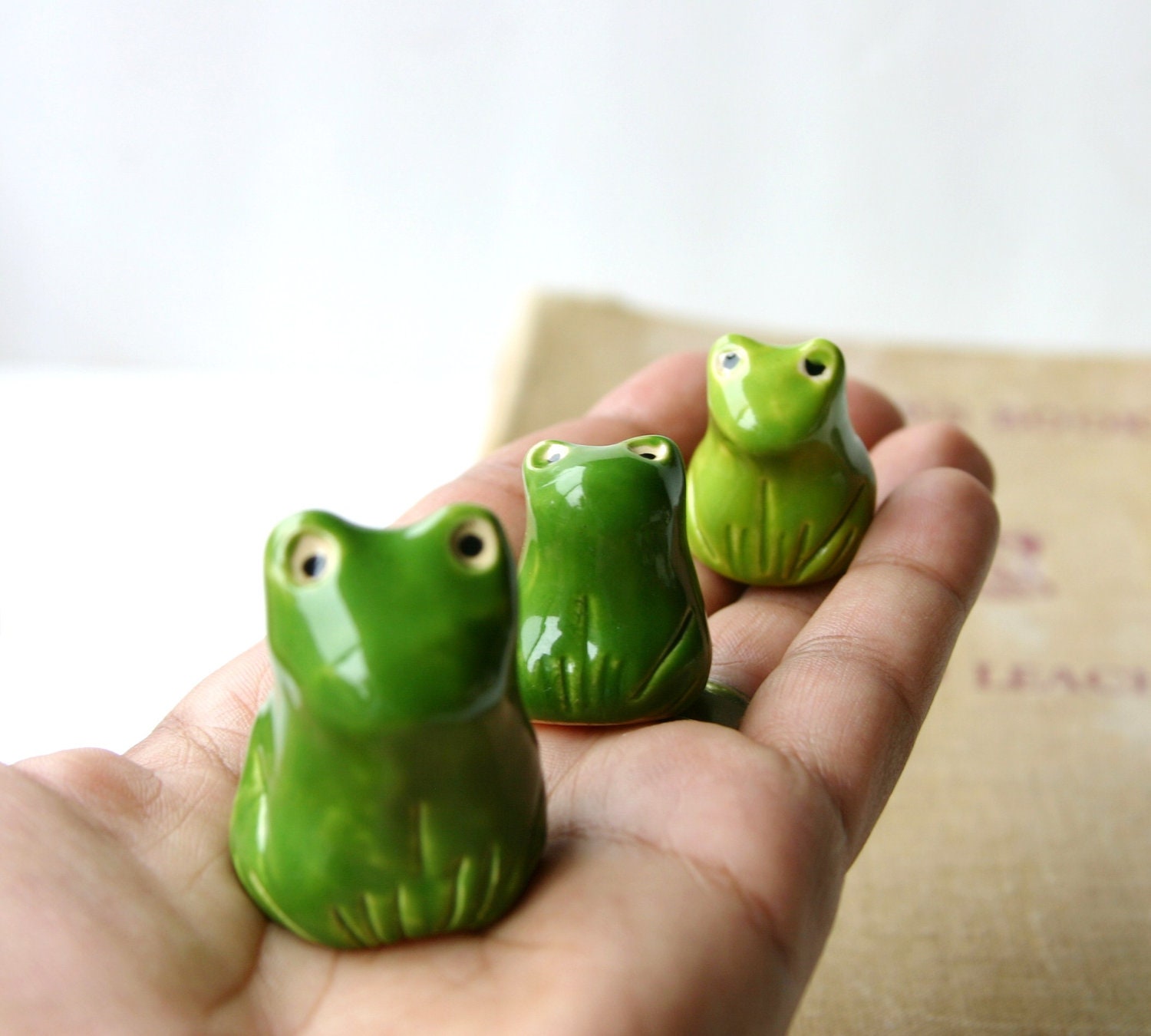 Porcelain Frog - Handmade Sculptures - Bookshelf Home Decor - OOAK Olive Green Moss - ONE
