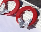 Red Hoop Butterfly Earrings, Silver Butterfly, Dangle Earrings, Upcycled Earrings, Recycled Earrings, Repurposed Earrings