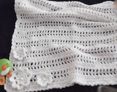 Crocheted Baby Afghan /Blanket Cream With Little Sprinkles Of Blue Yellow Pink  Three Flowers Attached