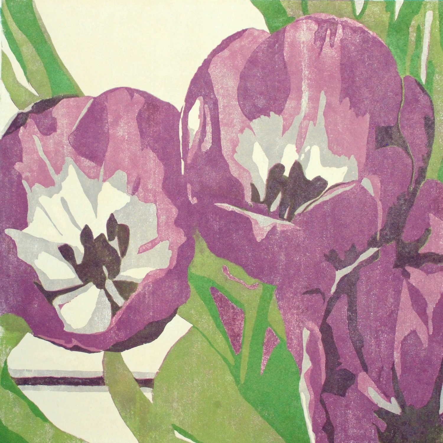 Purple Tulips, large square relief woodblock print