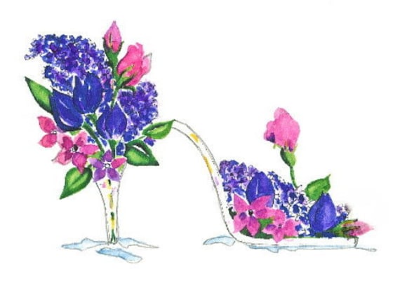 ACEO - Print Princess Purple Garden Glass Slipper - Enhanced with Watercolor Paint and Signed on Back