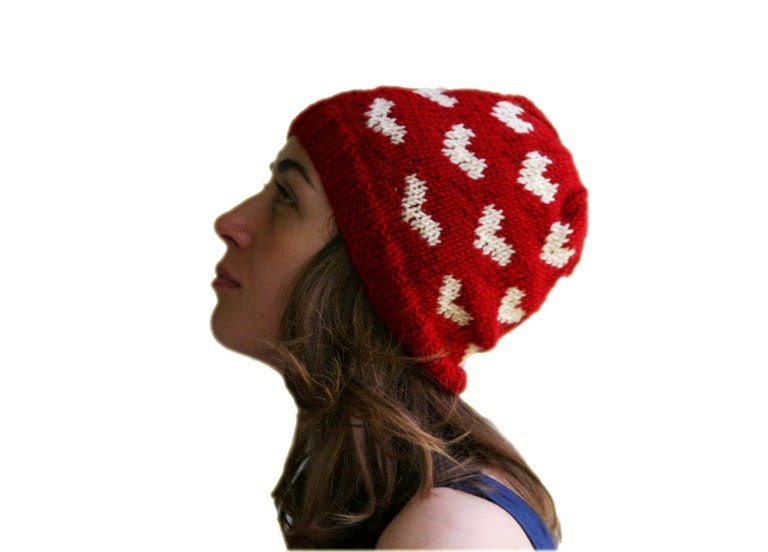 Valentine Heart Red Knit Hat with Ivory Hearts - Fall Winter Red Fashion - Women Teens Accessories - Slouchy Beret - Beanie
