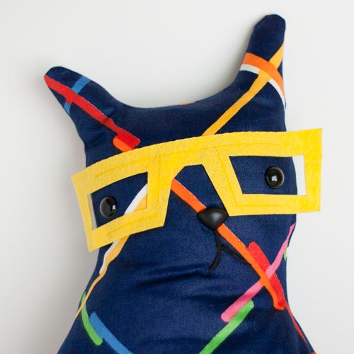 Marvin - Nerdy Yellow Glasses 80's royal blue fabric cat softie or decorative pillow