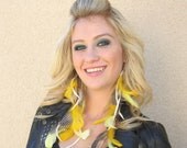 extra long feather earrings yellow, black and white polka dot