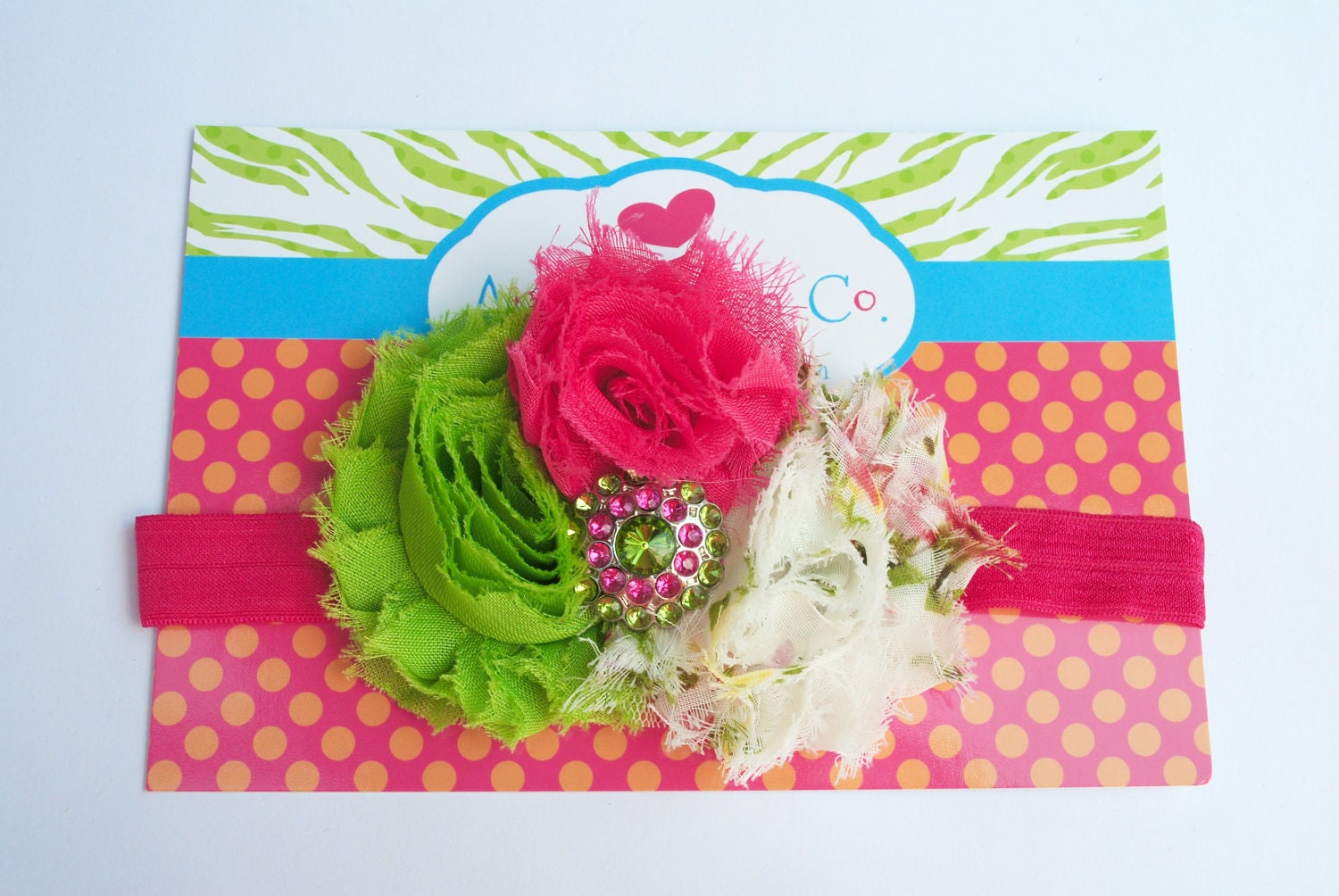 Shabby Chic Flower Baby Headband Pink Lime Green Floral Photo Prop