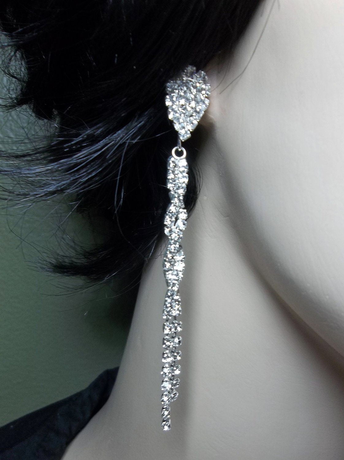 Bridal jewelry - LONG - Pave Crystal - Rhinestone earrings - 3 1/2" of SHIMMERING crystals - Slim twisted design - STATEMENT earrings