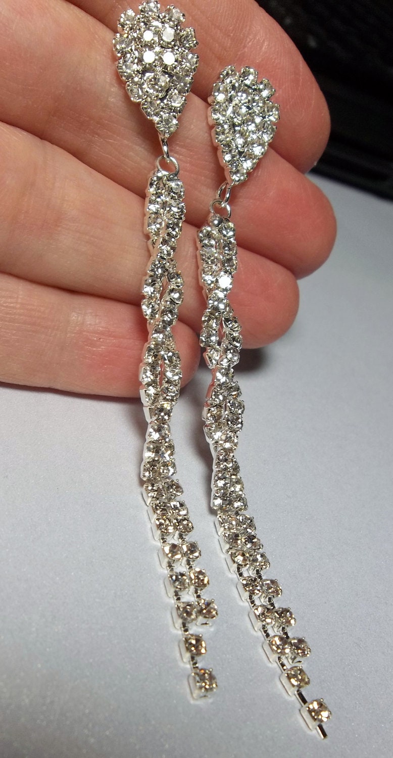 Bridal jewelry - LONG - Pave Crystal - Rhinestone earrings - 3 1/2" of SHIMMERING crystals - Slim twisted design - STATEMENT earrings