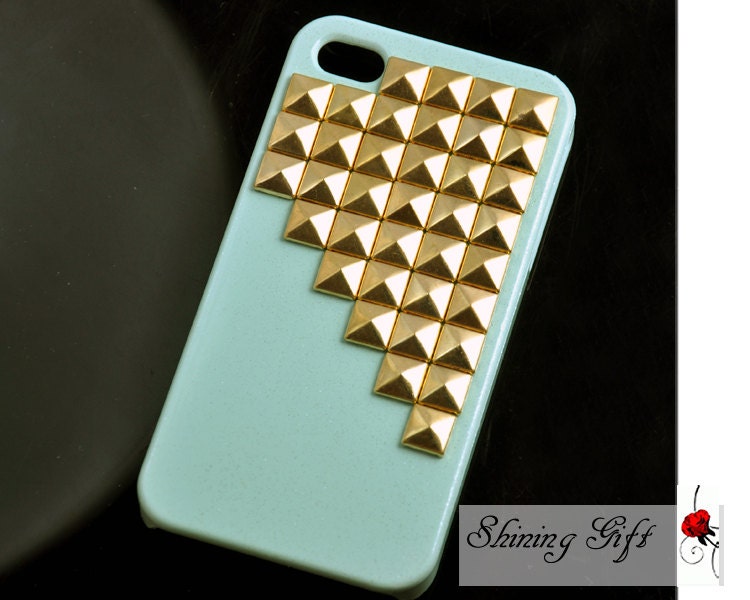 Light Green Iphone 4 case Cover, Metal Golden Studs Iphone Case, fit Iphone 4, Iphone 4s, Iphone 4g, Iphone 4gs
