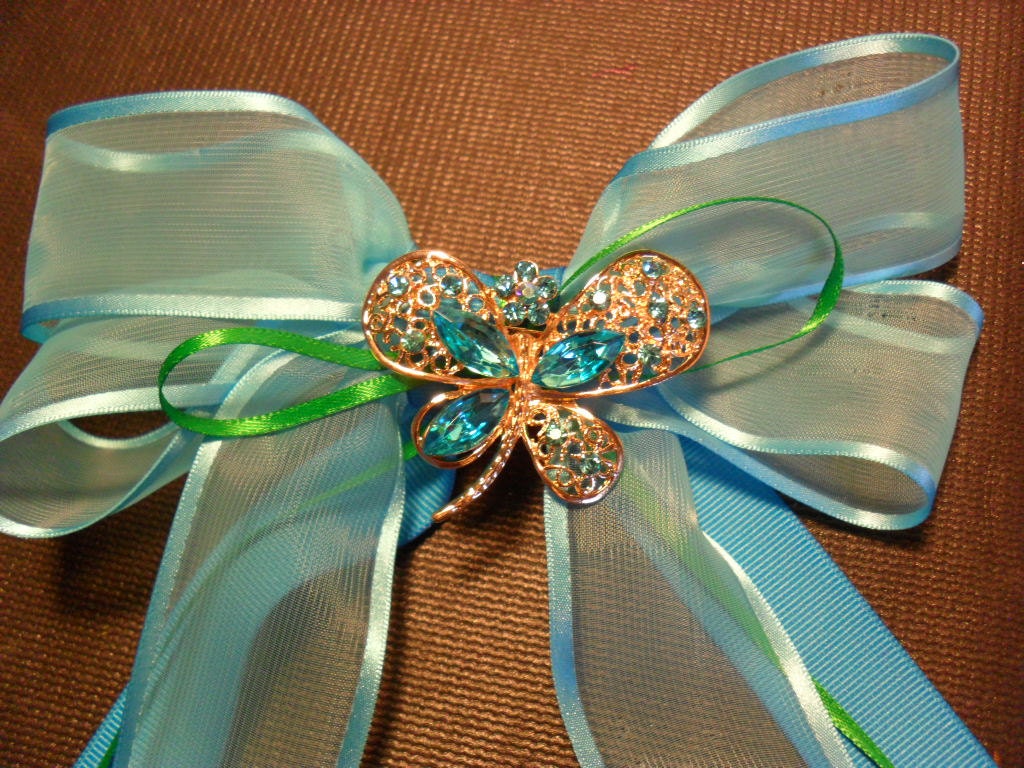 Blue bow with Gold and Blue butterfly pin / Barrette / Large Barrette