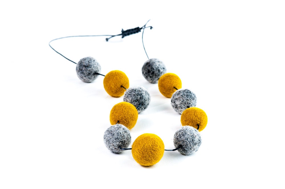 Mustard Grey Necklace Felt Jewelry Extra Long Autumn Statement Necklace Eco Friendly