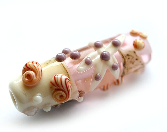 Handmade Lampwork glass bead in pink, violet and beige - beach, starfish, whimsical- glass focal, SRA, by MayaHoney