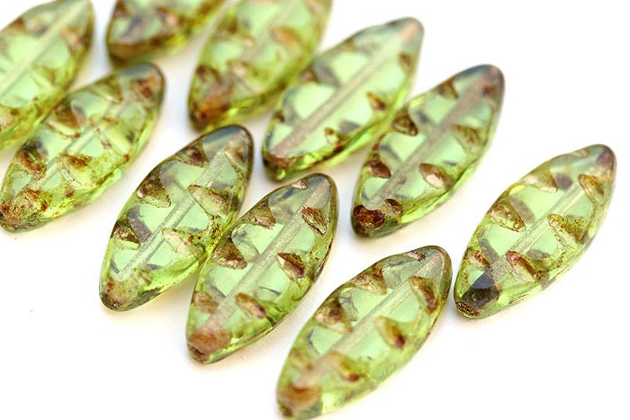 Picasso Czech beads Forest green with rustic finish, long glass bead, flat - 18x08mm - 8Pc - 0394