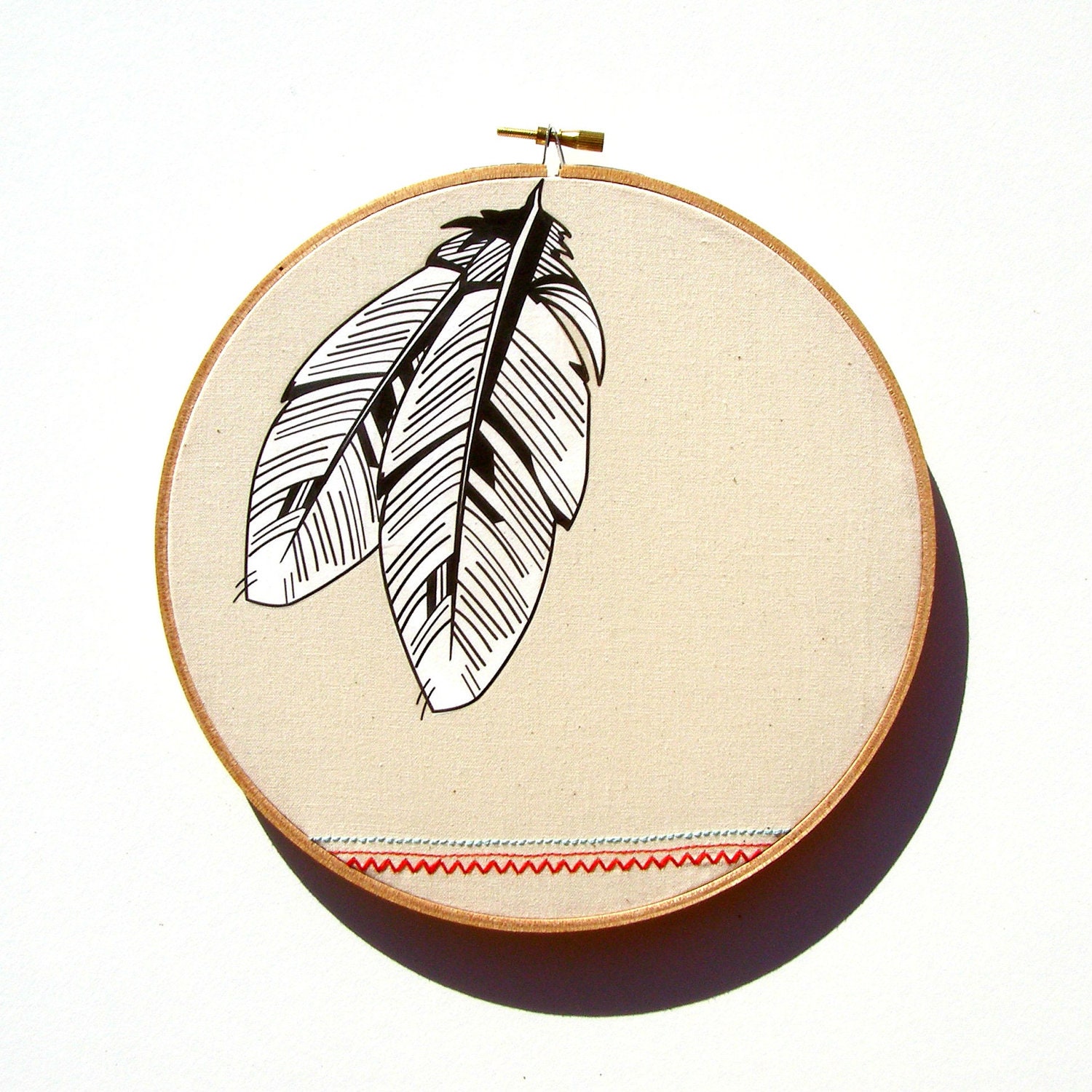 Two Feathers Hoop Art - print of original illustration on fabric with native / tribal inspired stitching detail
