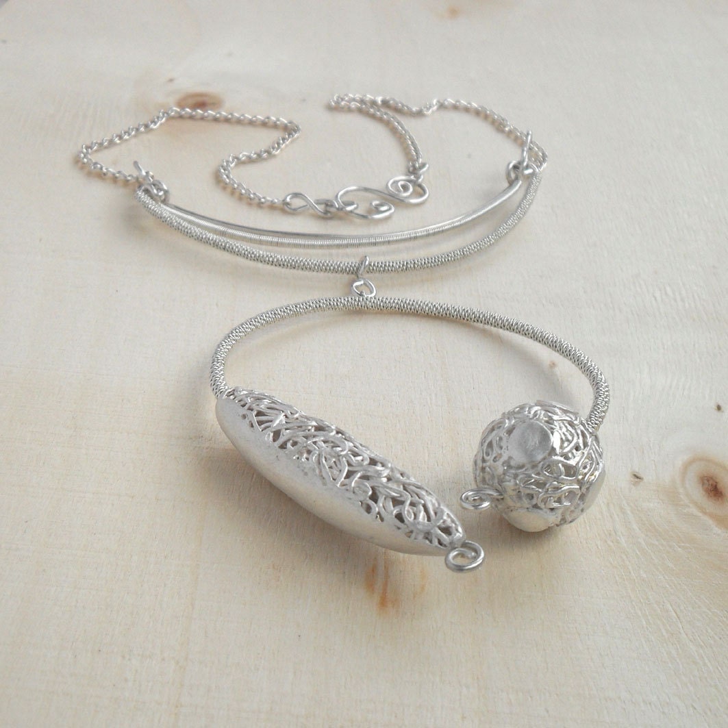 Sterling And Fine Silver Statement Necklace Fine Jewelry Handmade Coiled Wire Brushed Bead Artisan Abstract Unique Design One Of A Kind