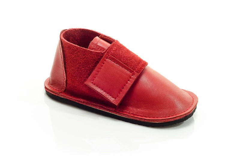 Red leather and suede handmade shoes for children and toddlers, outdoor shoes, play shoes