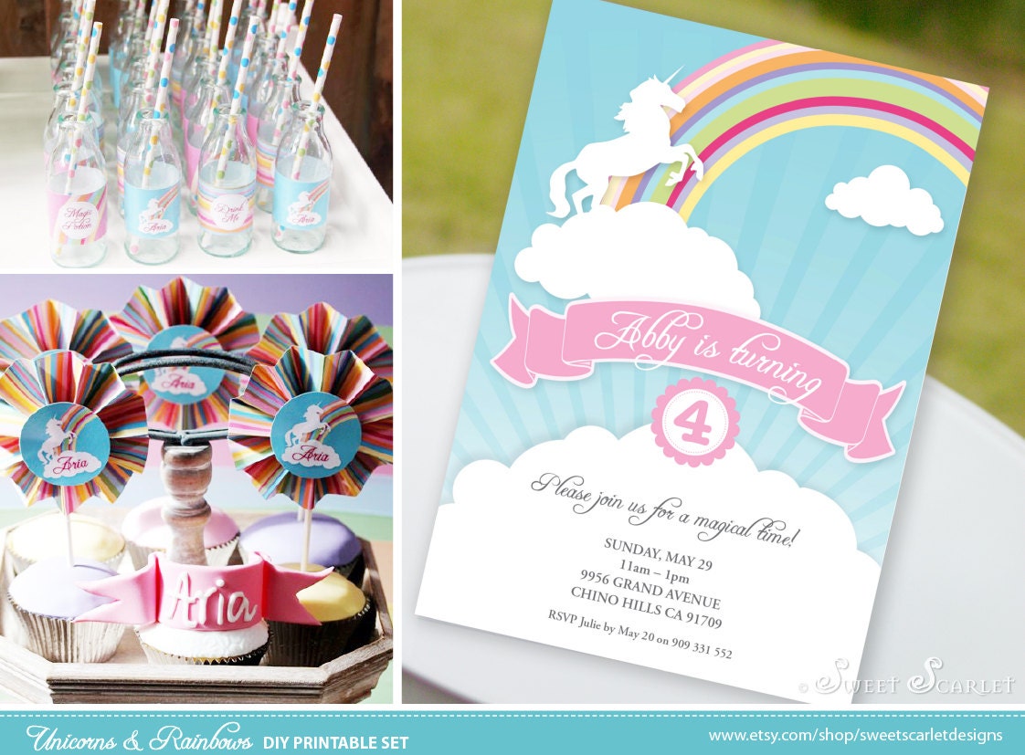 RAINBOW and Unicorn Party Printables - Birthday Invitation, Cupcake Toppers, Favor Tags, Candy Wrappers, Bunting and more