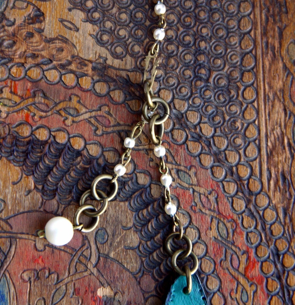 Painted Moon /// Green Black Rose Artisan Painted Cardboard and Pearl Brass Chain Choker Necklace Art Jewelry