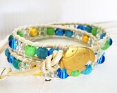 Leather Wrap Bracelet - beach jewelry - ocean jewelry - beaded leather wrap - blue green gold on white leather - fish button