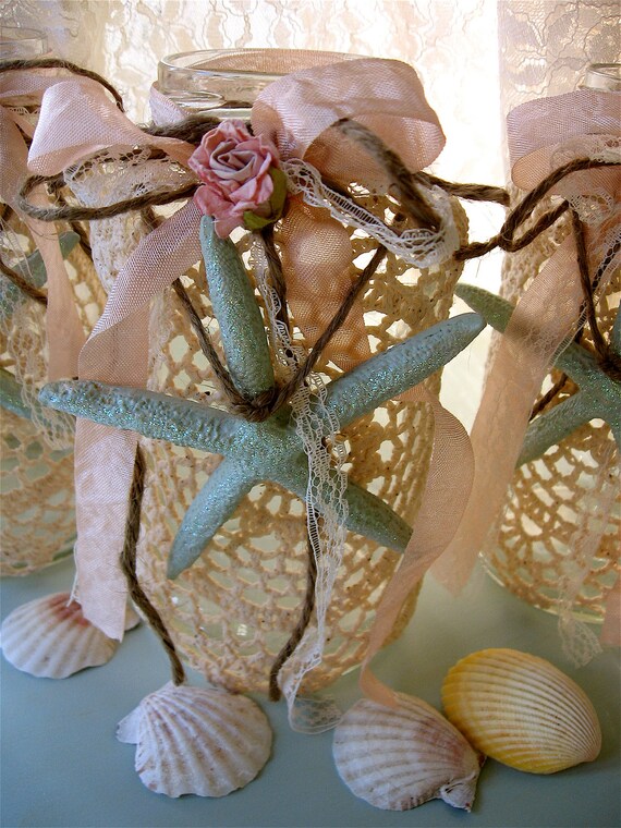 Mason Jar Lace Candle Holder-Vase- Wedding Centerpiece- Set of 2 Beach Cottage