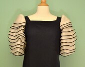 Vintage Layered Sleeve Dress in Navy and White - Sailor - by Monteverdi Couture of Italy - Navy Blue Silk and Front Pockets