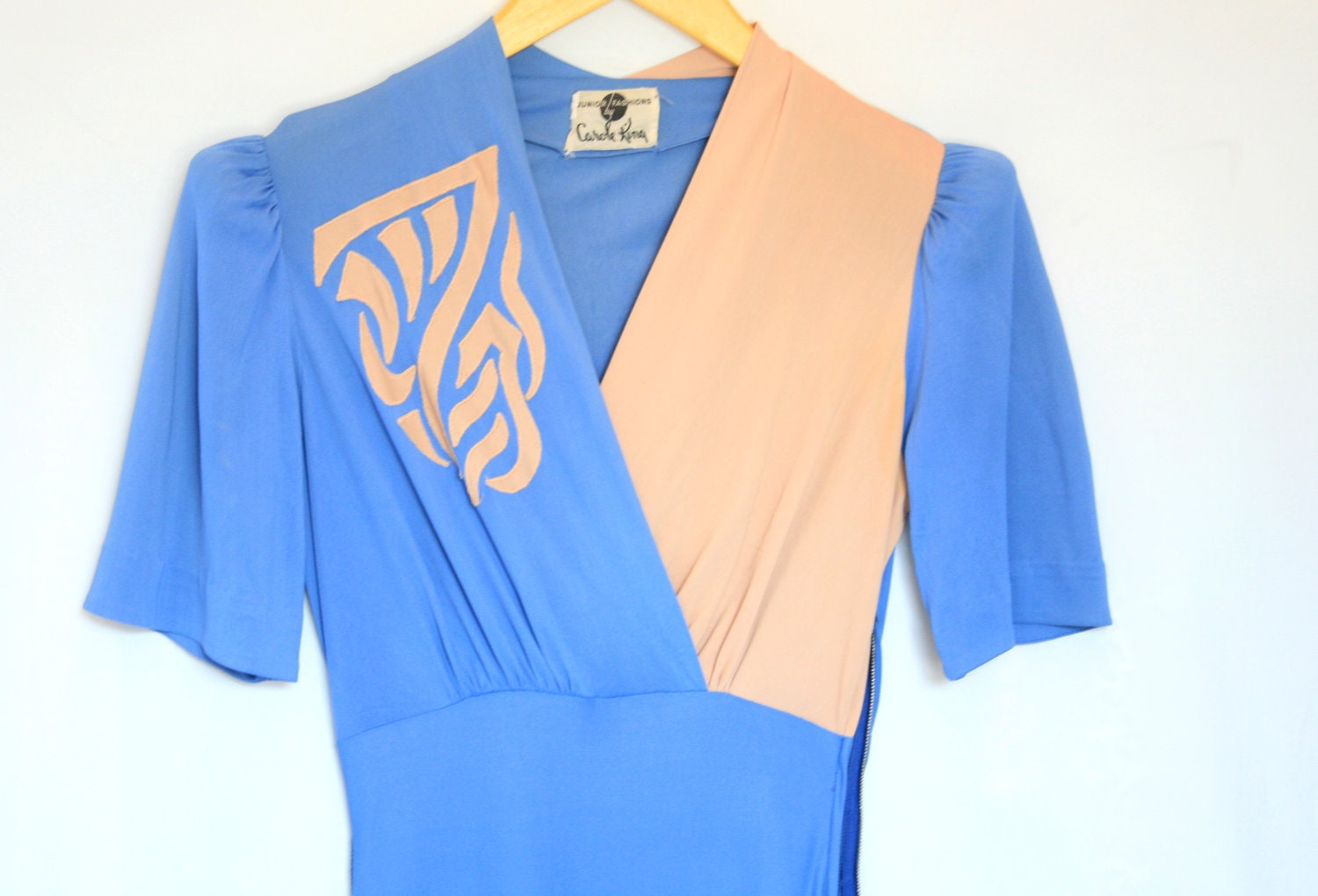 1940's dress by Carole King - Blue and Beige Rayon - Size XS/Small
